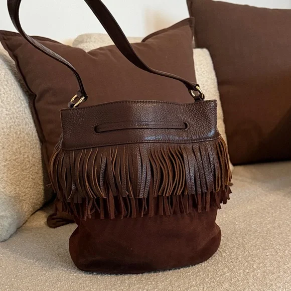 Ralph Lauren - Western Chic Brown Fringe Leather Bucket Bag - Picture 5 of 9